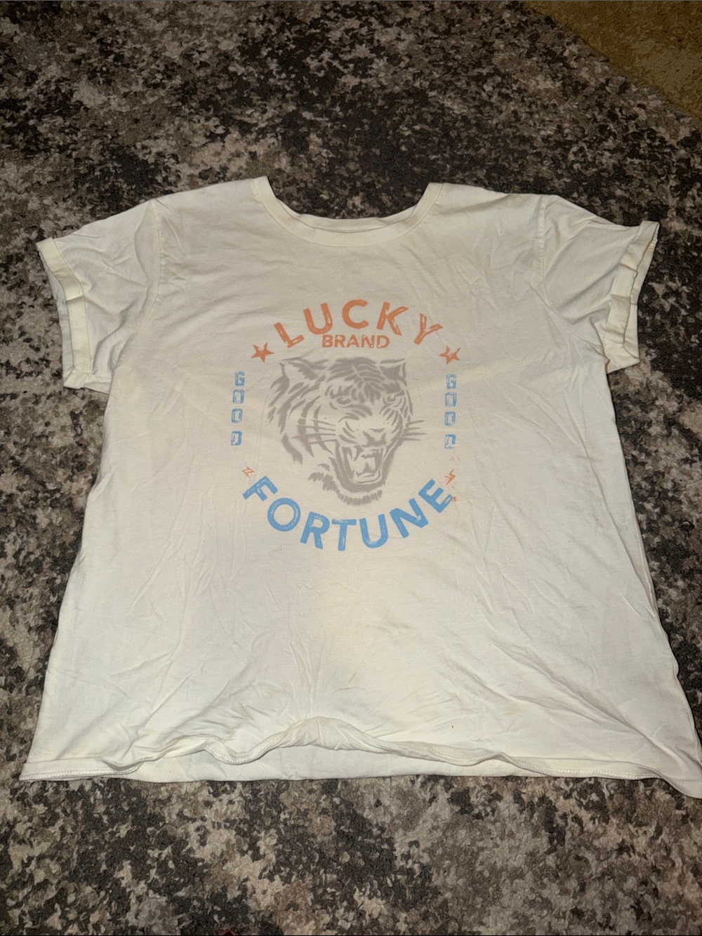 Lucky Brand White Tee with Blue & Orange Tiger Graphic